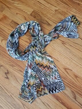 NWT 2 Chic: Sheer Zigzag & Dot Pattern Scarf - Green, Brown, Black, Yellow